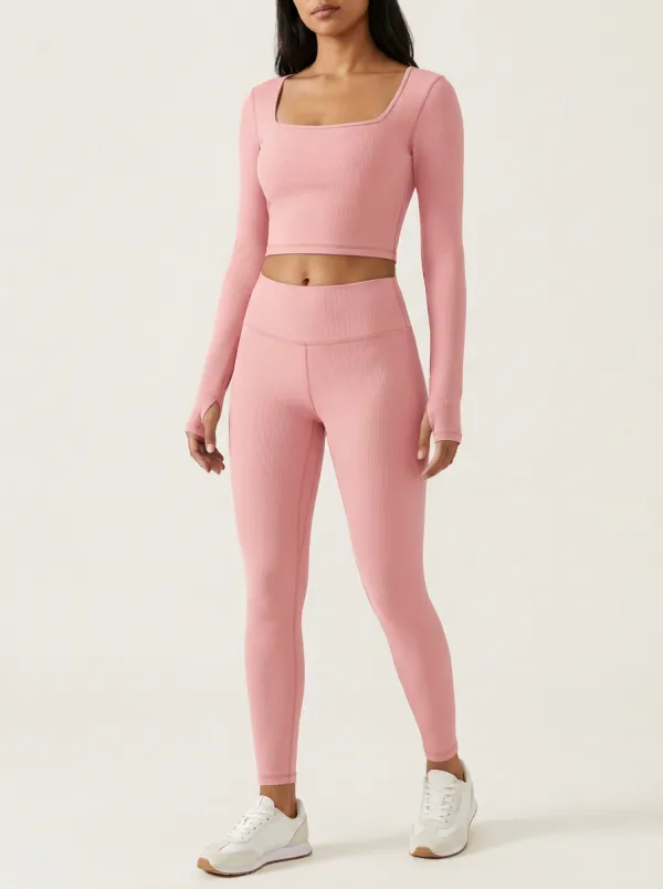 Women's Ribbed Square-Neck Thumbhole Crop Top and High-Rise Legging Set