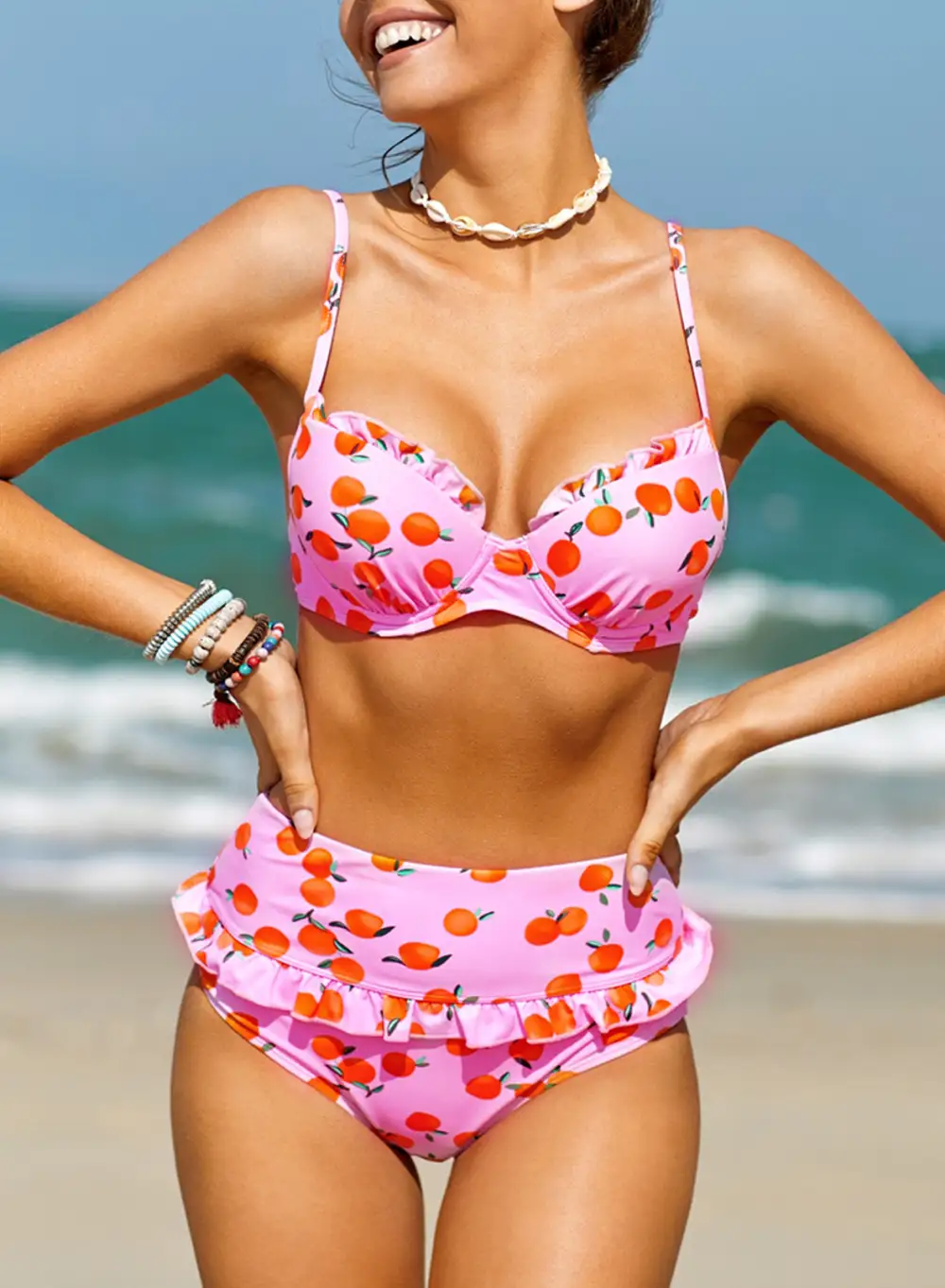 Swimwear Fruit Print Ruffled Detail High Waist Bikini