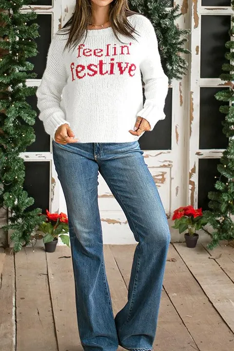 White Festive Text Print Chunky Knit Sweater