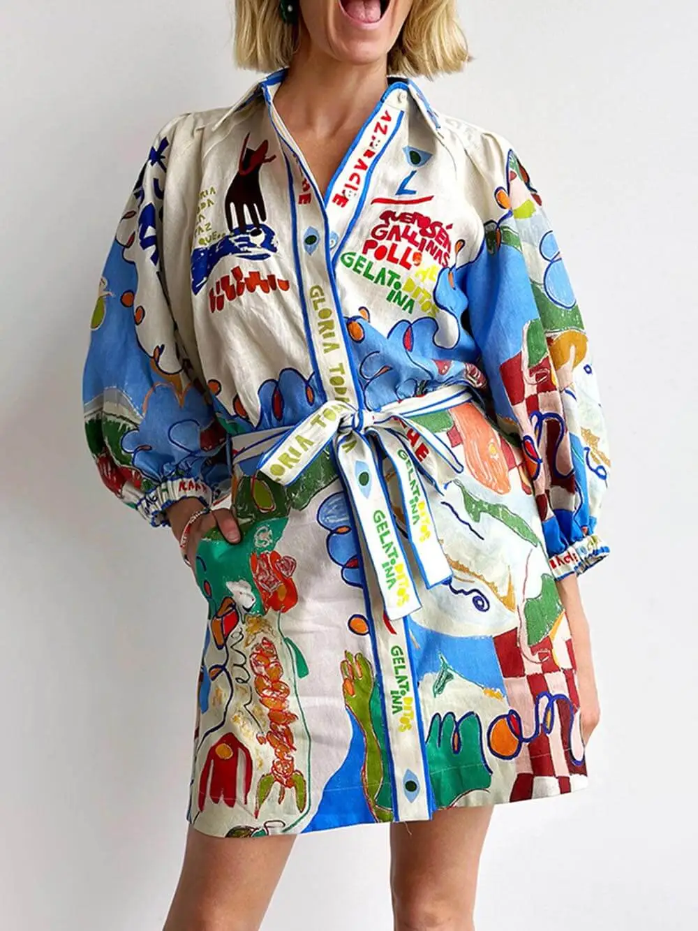 Unique Linen Print Cardigan Lace Mini Dress