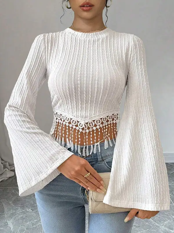 Flared Sleeve Long Sleeve Panel Detail Tasseled Round Neck T-Shirt