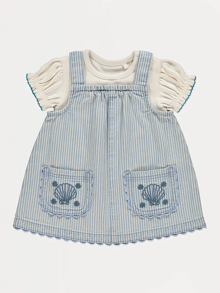 Sea Shell Embroidered Striped Denim Pinafore Outfit
