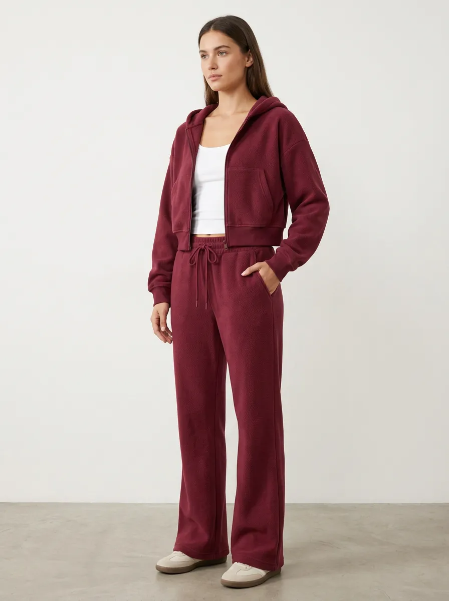 Women's Fleece Cropped Hooded Jacket and Flare Pants Active Set