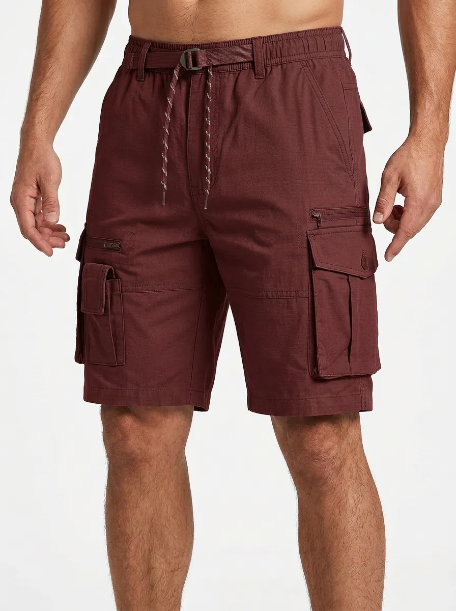 Men's Multi-Pocket Webbing-Belt Zip-Pocket Cargo Shorts