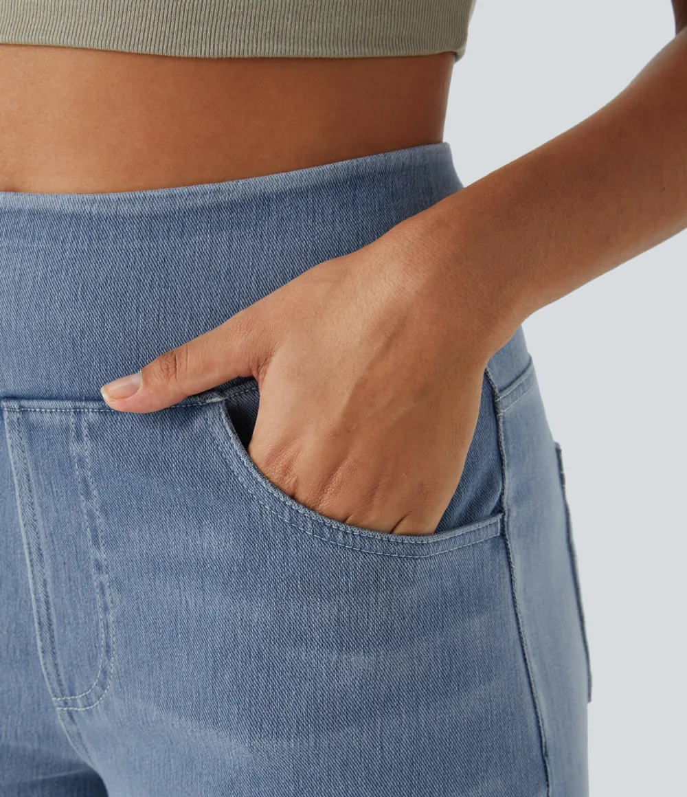 Magic High Waisted Multiple Pockets Wide Leg Washed Stretchy Knit Casual Jeans