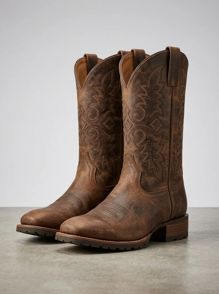 Southwestern Embroidered Distressed Leather-Look Classic Look Men's Western Cowboy Boots