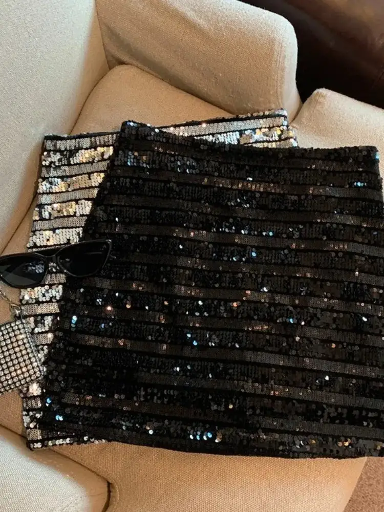 Stripe Acrylic Sequin Mini Skirt