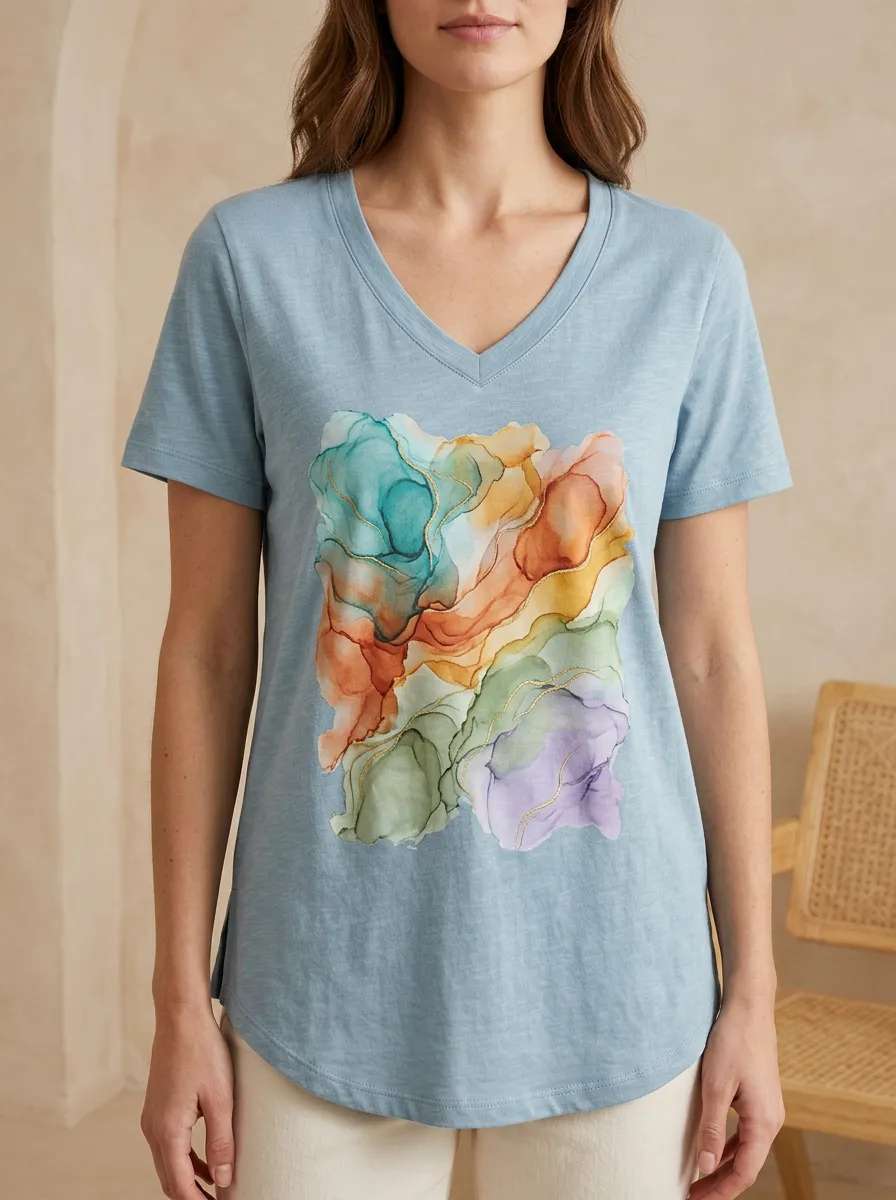 Women's Abstract Art Watercolor Ink Printed V-Neck T-Shirt