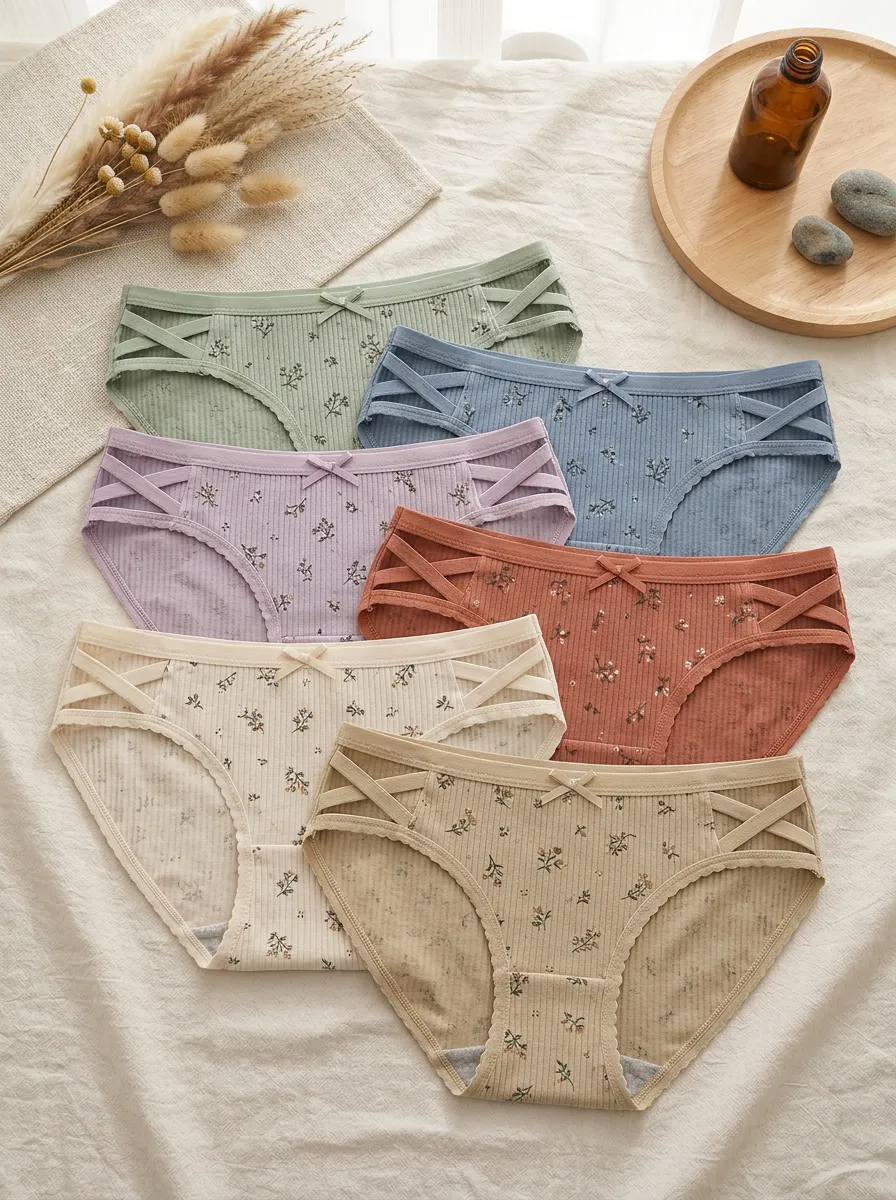 Women's Floral Ribbed Crisscross Printed Panties 6-Pack