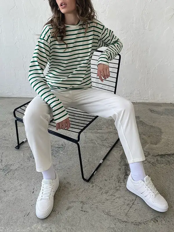 Long Sleeve Relaxed Stripe Round Neck T-Shirt