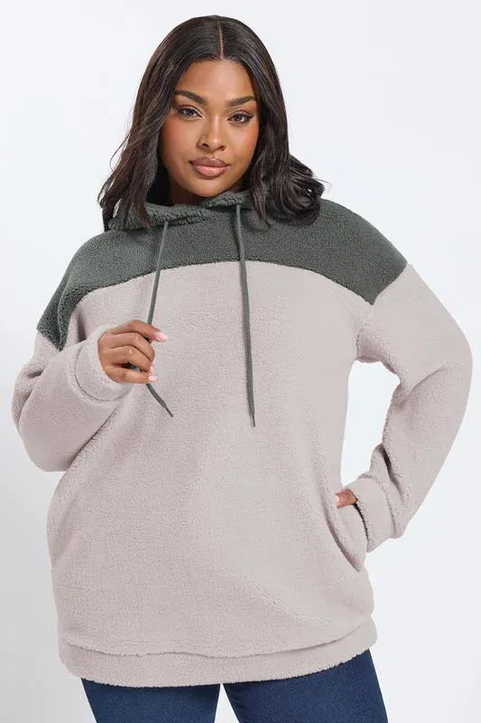 Grey & Purple Colourblock Teddy Fleece Hoodie