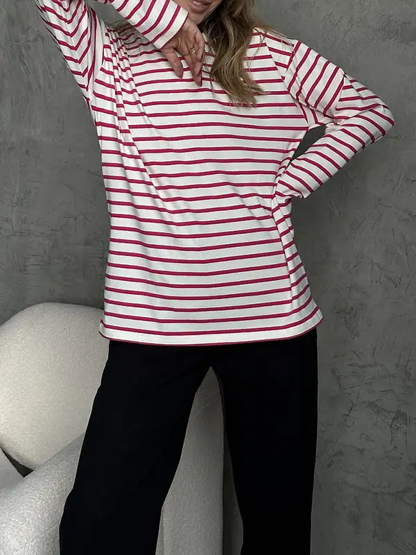 Long Sleeve Relaxed Stripe Round Neck T-Shirt
