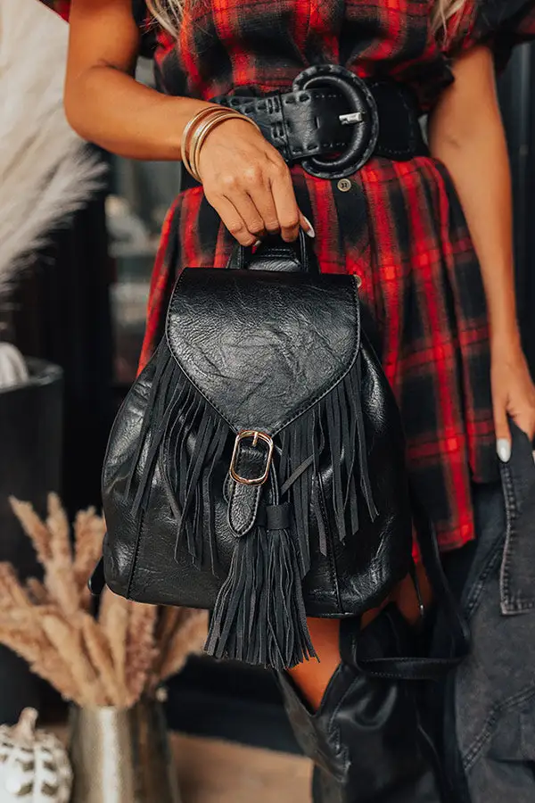 Faux Leather Fringe Drawstring Backpack