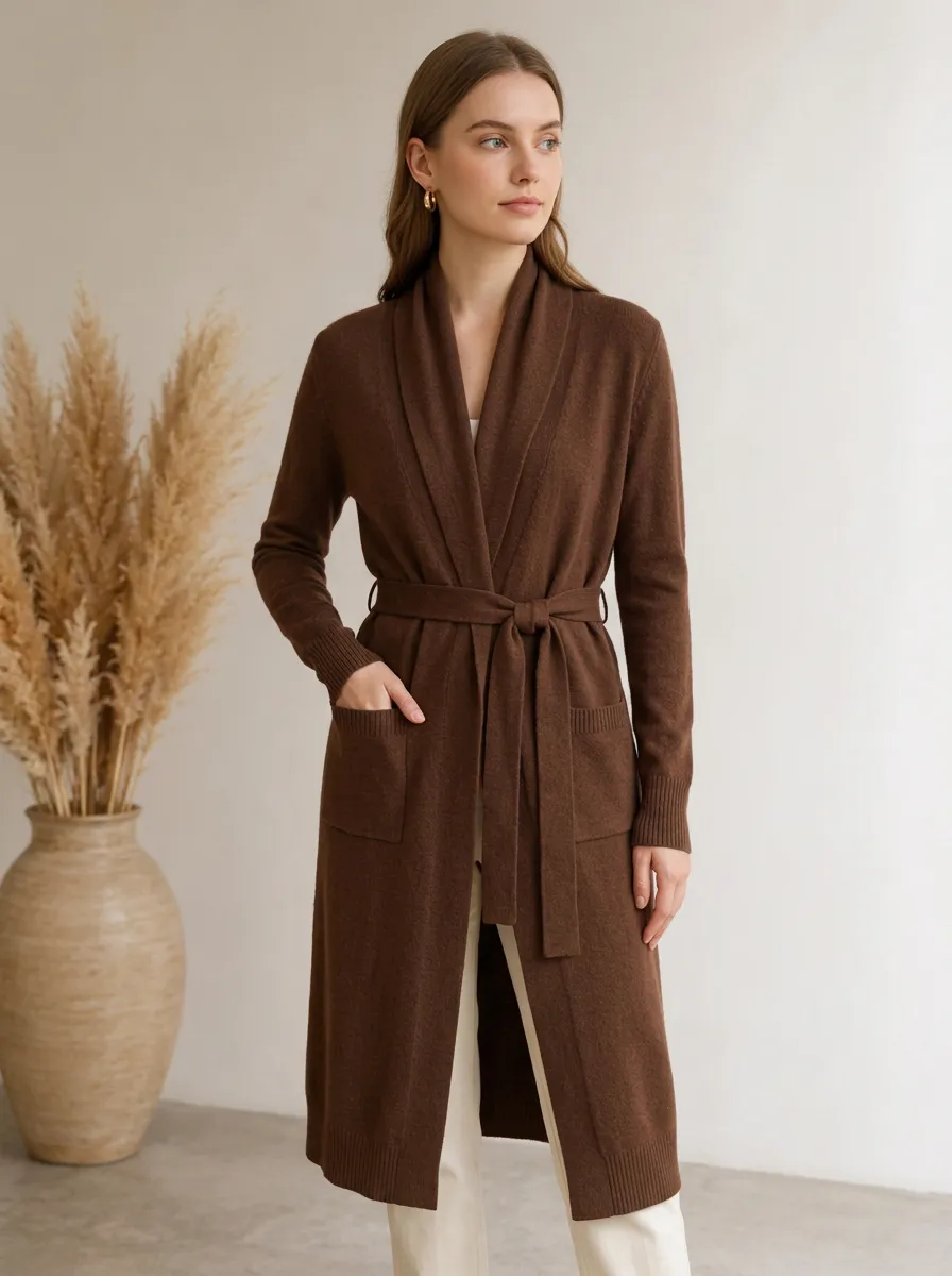 Women's Chocolate Shawl Collar Belted Cardigan Longline