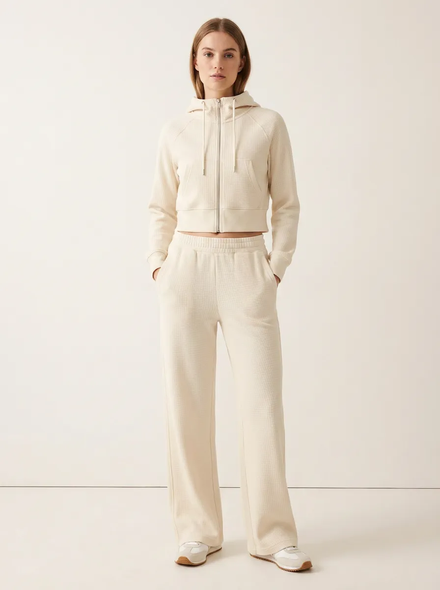 Women's Casual Loungewear Cream Waffle Knit Zip-up Hoodie Jogger Set