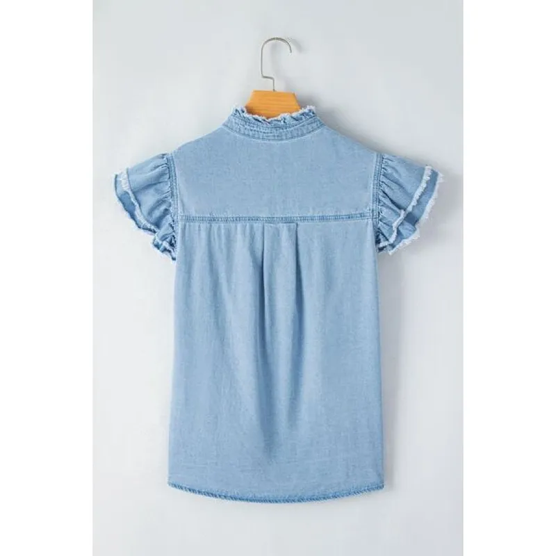 Button-Down Raw-Hem Ruffled Denim Shirt