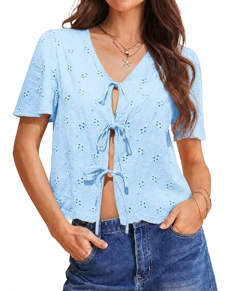 Women's Eyelet Embroidered Tie-Front Blouse