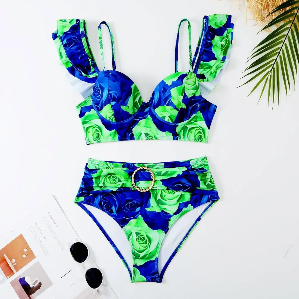 Ruffle Shoulder Two Piece Bikini Set with Skirt/pants Cover