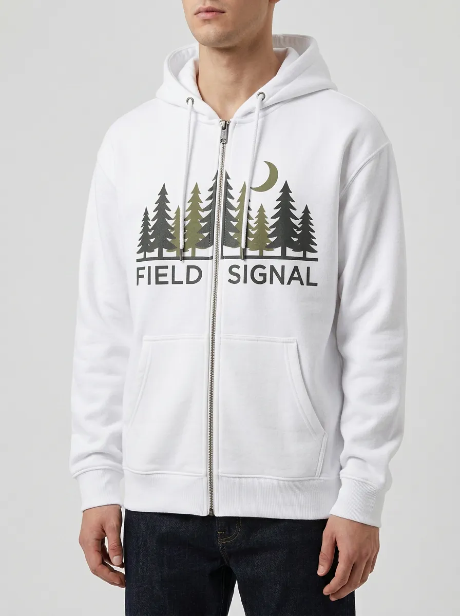 Men's Nature Outdoor Field Signal Pine Tree Moon Printed Zip Hoodie