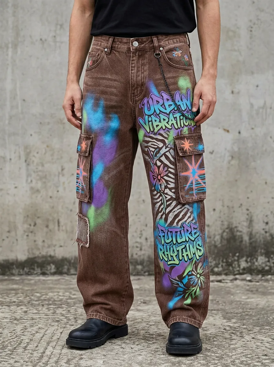 Men's Streetwear Graffiti Zebra Print Spray Paint Graphic Cargo Jeans