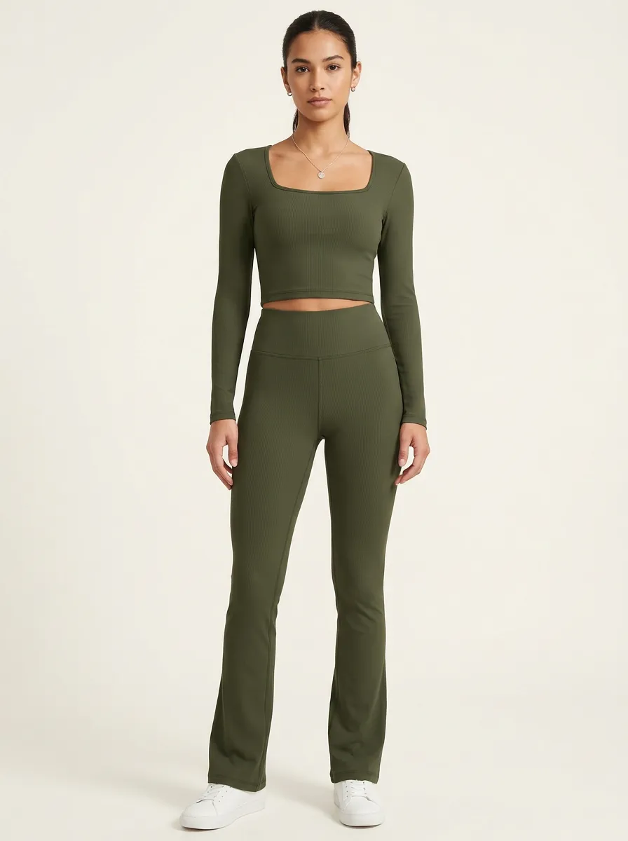 Women's Ribbed Square-Neck Crop Top and Flare Legging Set