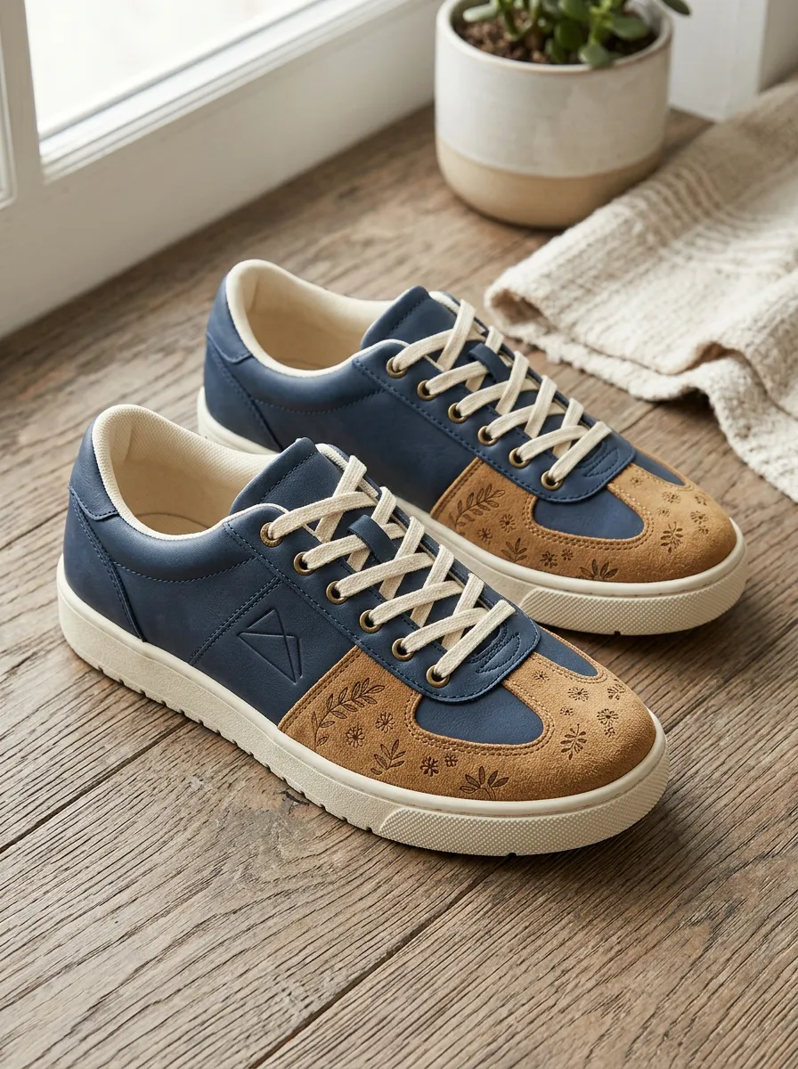 Women's Floral Leaf Pattern Blue Brown Printed Sneakers
