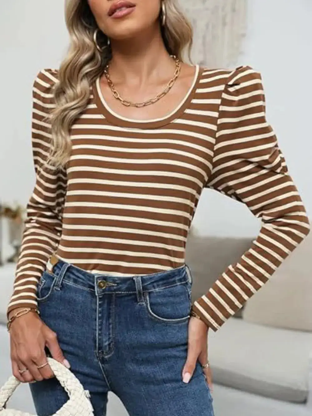 Modern Striped Round Neck Long Sleeve T-Shirt
