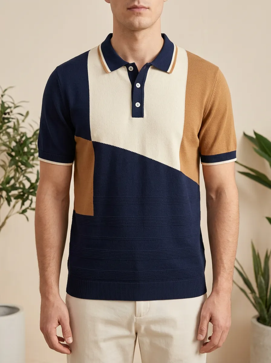 Men's Casual Geometric Colorblock Knitted Polo Shirt