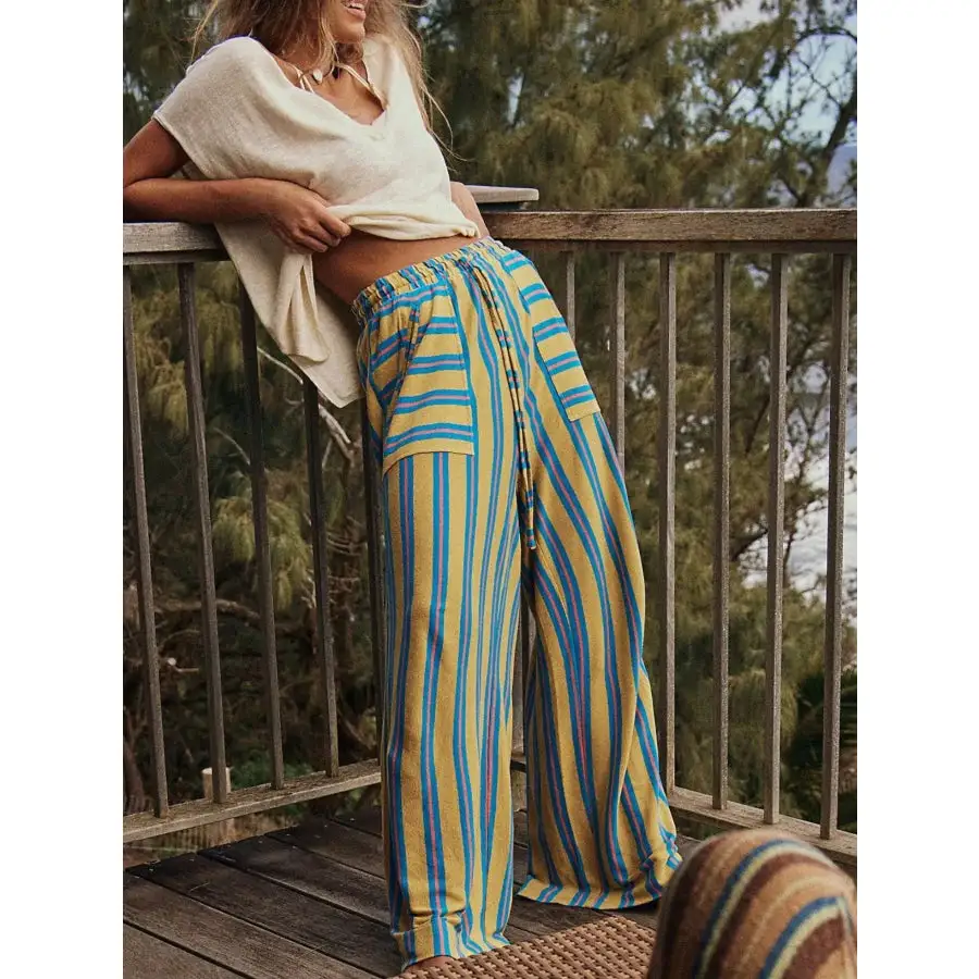 Relaxed Striped Wide Leg Drawstring Pants