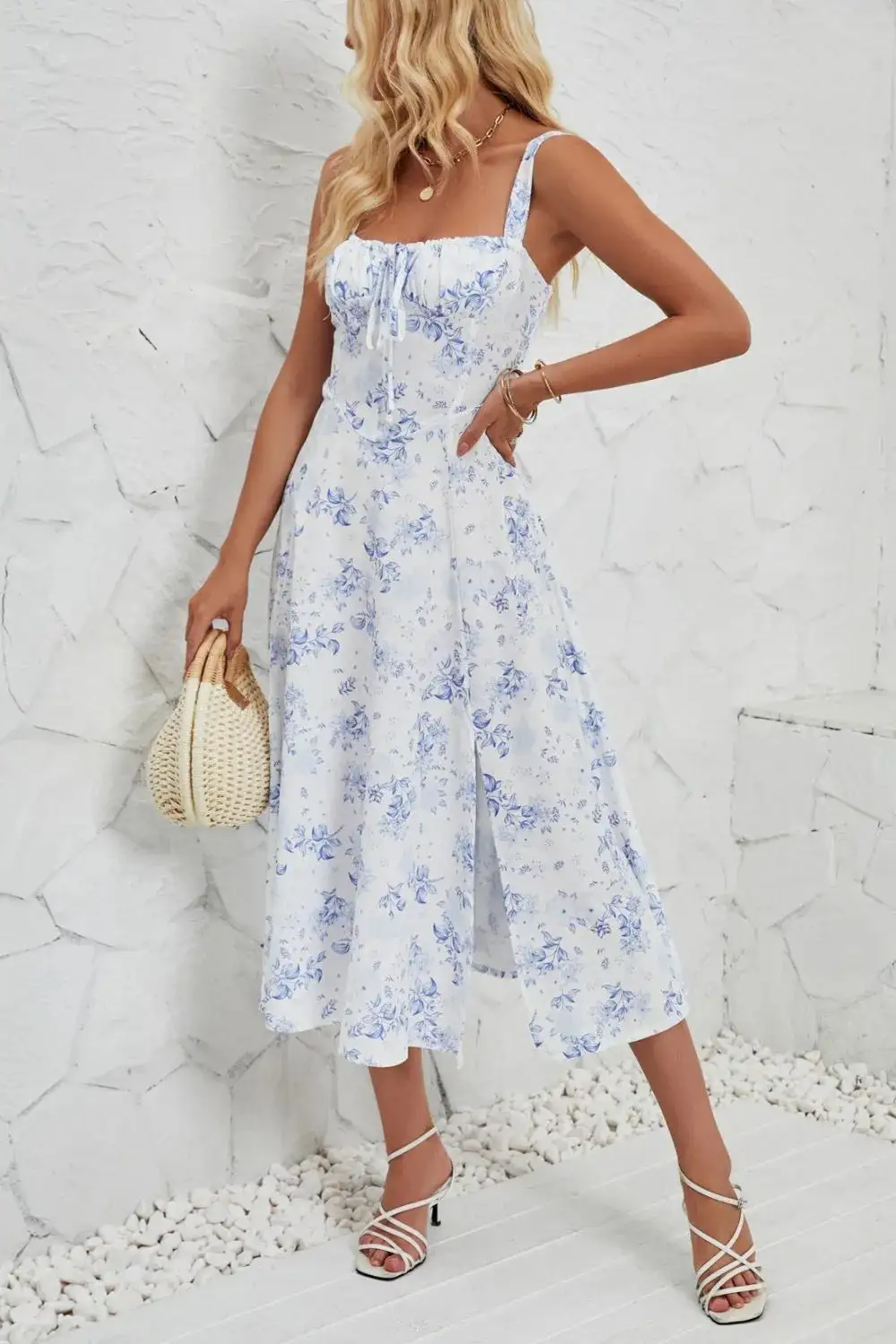 Smooth Finish Floral Printed Slit Dress