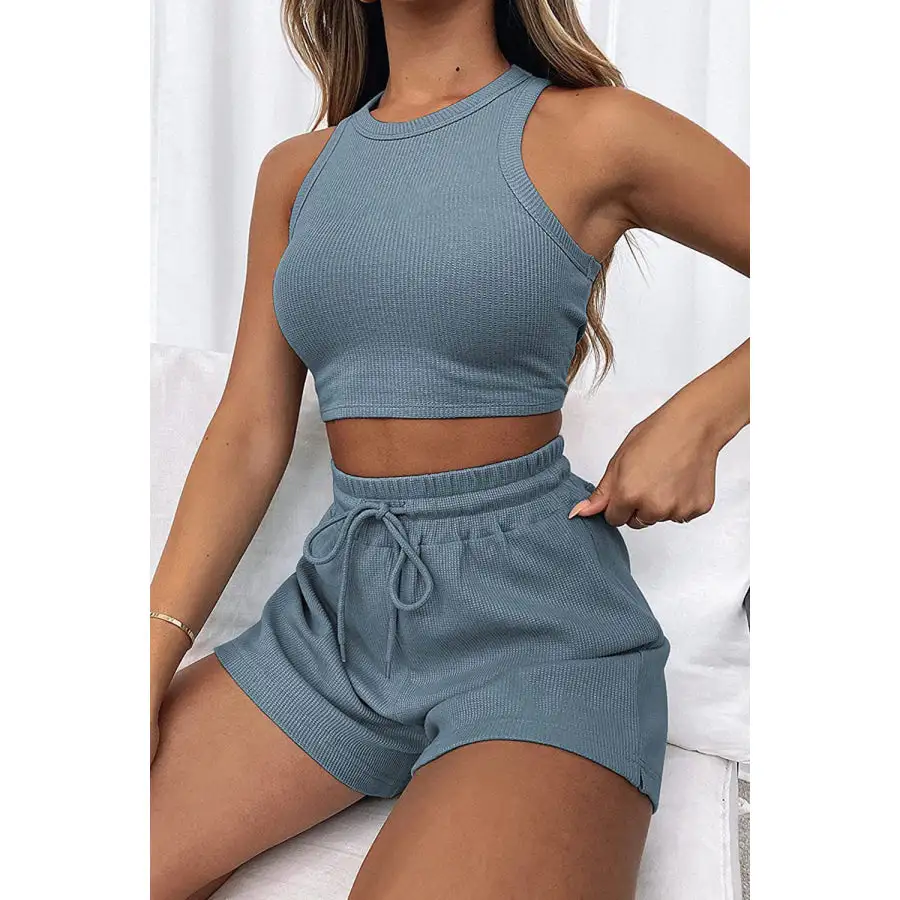 Relaxed Round Neck Top and Drawstring Shorts Set