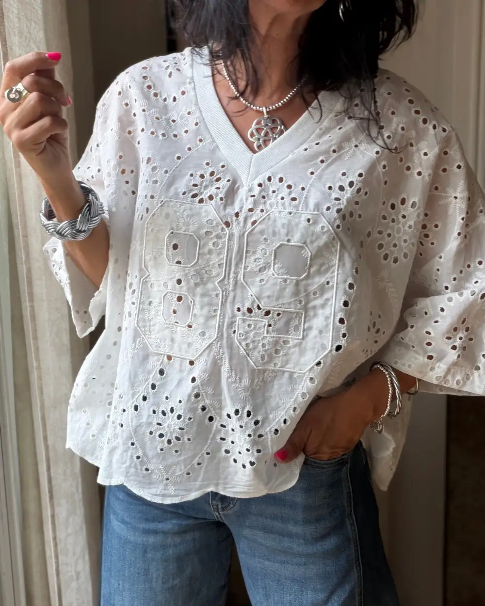 Polished Cotton Embroidered Blouse