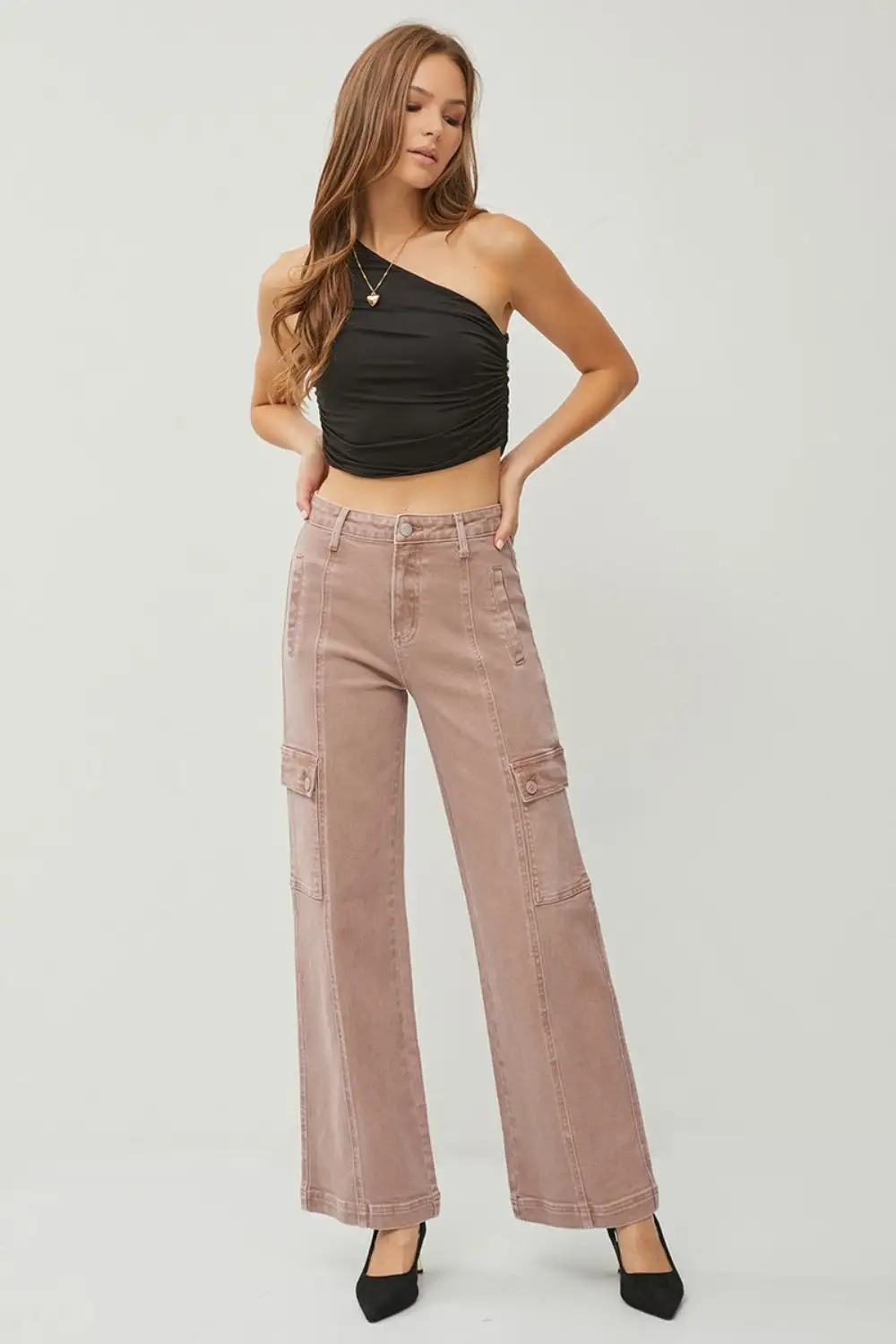 High Rise Wide Leg Cargo Detail Denim Jeans