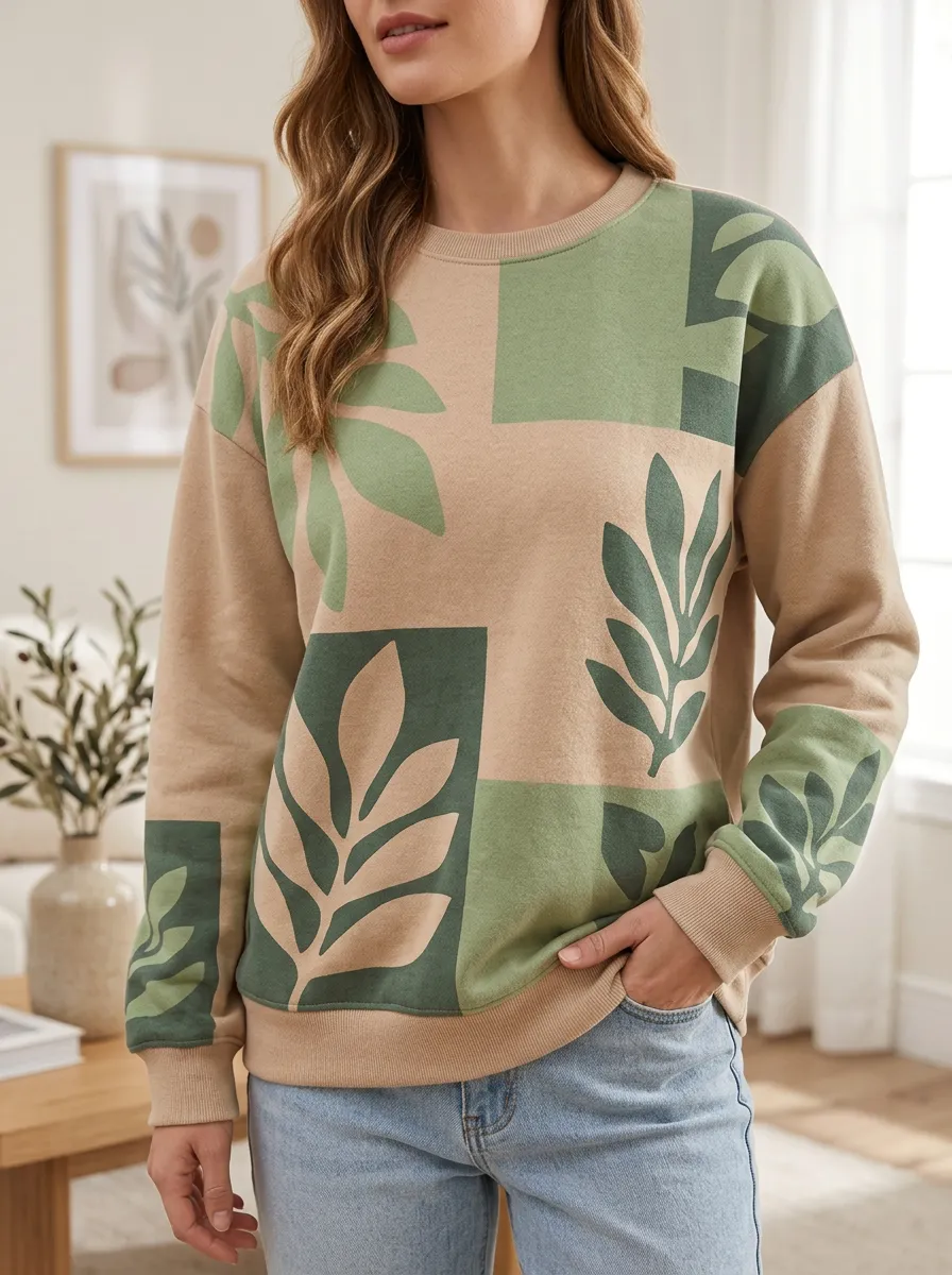 Women's Botanical Nature Lover Leaf Block Printed Fleece Sweatshirt