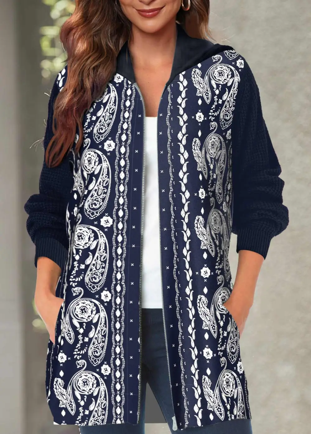 Navy Pocket Paisley Print Long Sleeve Hooded Coat