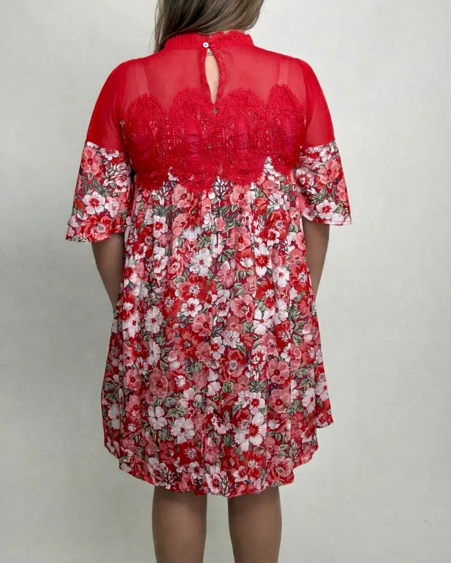 Floral Lace Detail Ruffle Detail Short Sleeve Dress