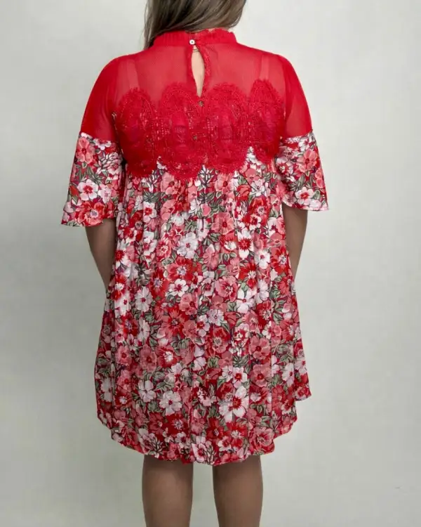 Floral Lace Detail Ruffle Detail Short Sleeve Dress