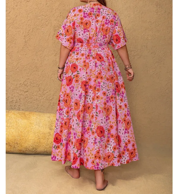 Plus Size Slit Floral V Neck Half Sleeve Maxi Dress