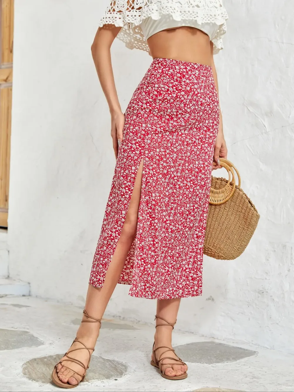 Women's Ditsy Floral Print Split Thigh A Line Skirt