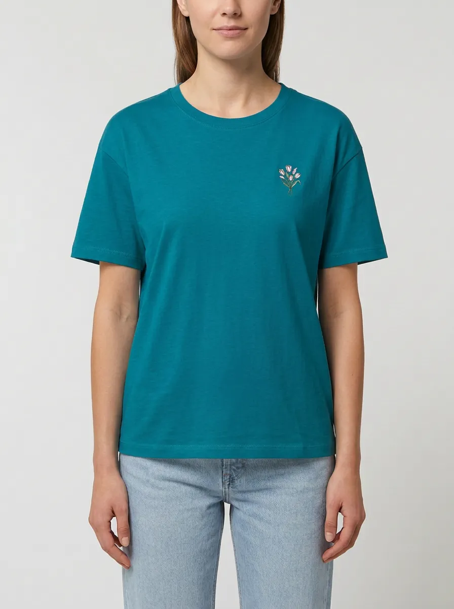 Women's Minimalist Tulip Bouquet Embroidered Crewneck T-Shirt