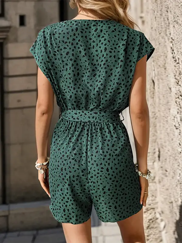 Leopard Print Jumpsuit V Neck Commuter Shorts