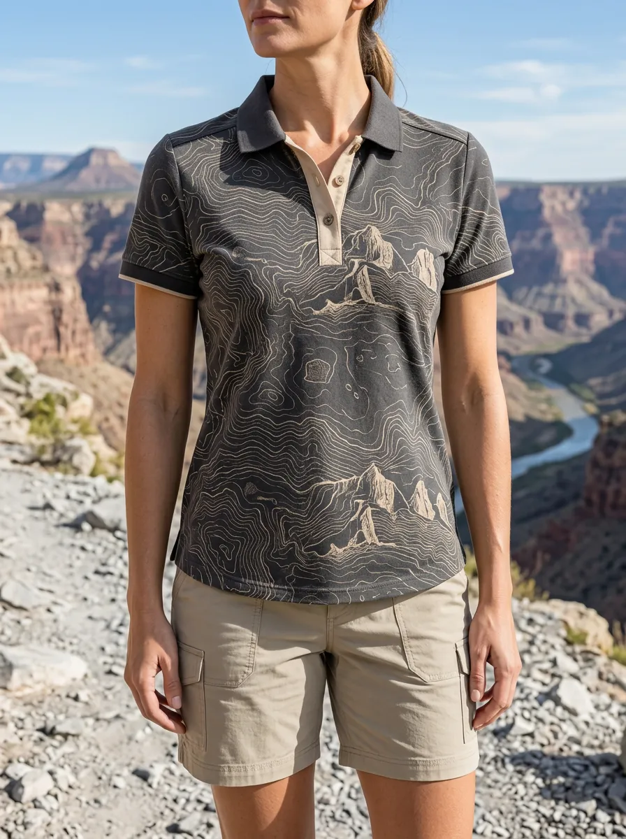 Women's Modern Hiking Lover Topographic Map Polo Shirt