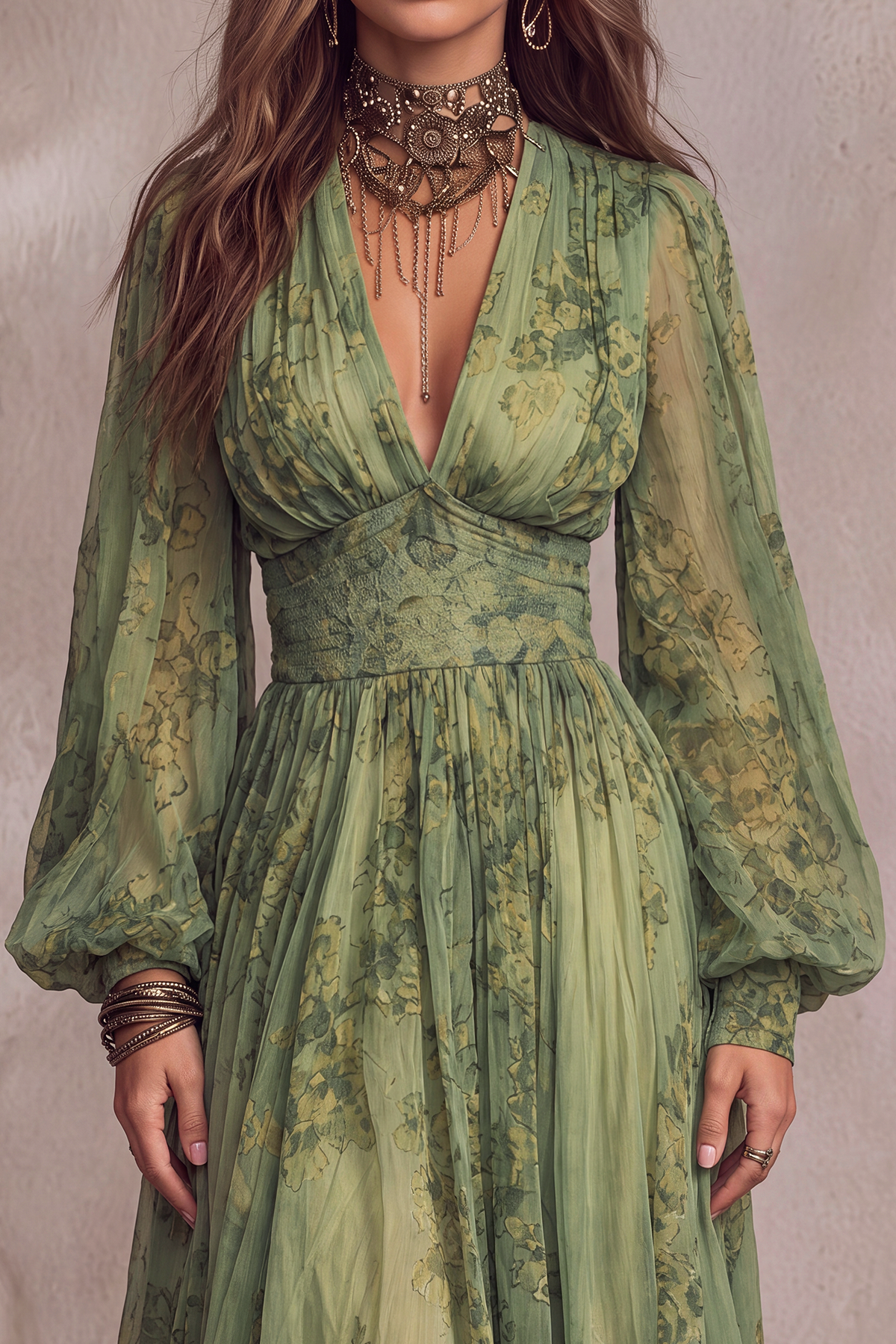 Modern Plunge Neck Floral Maxi Dress