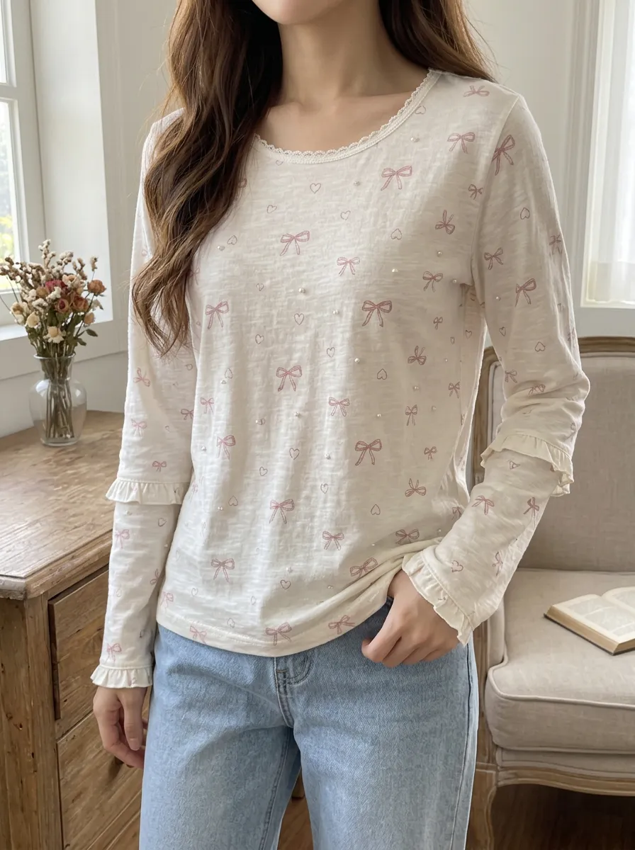 Women's Coquette Aesthetic Pink Bow Heart Printed Ruffle Long Sleeve Top