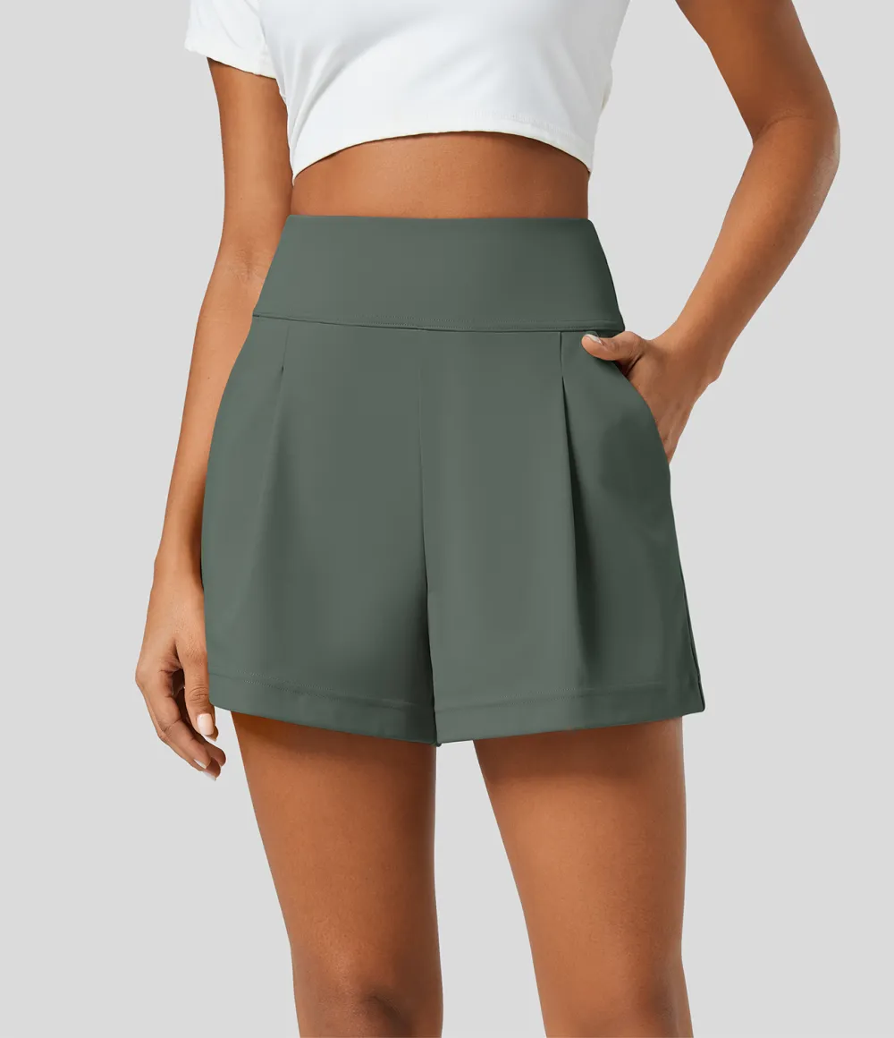 High Waisted Plicated Side Pocket Wide Leg Work Shorts