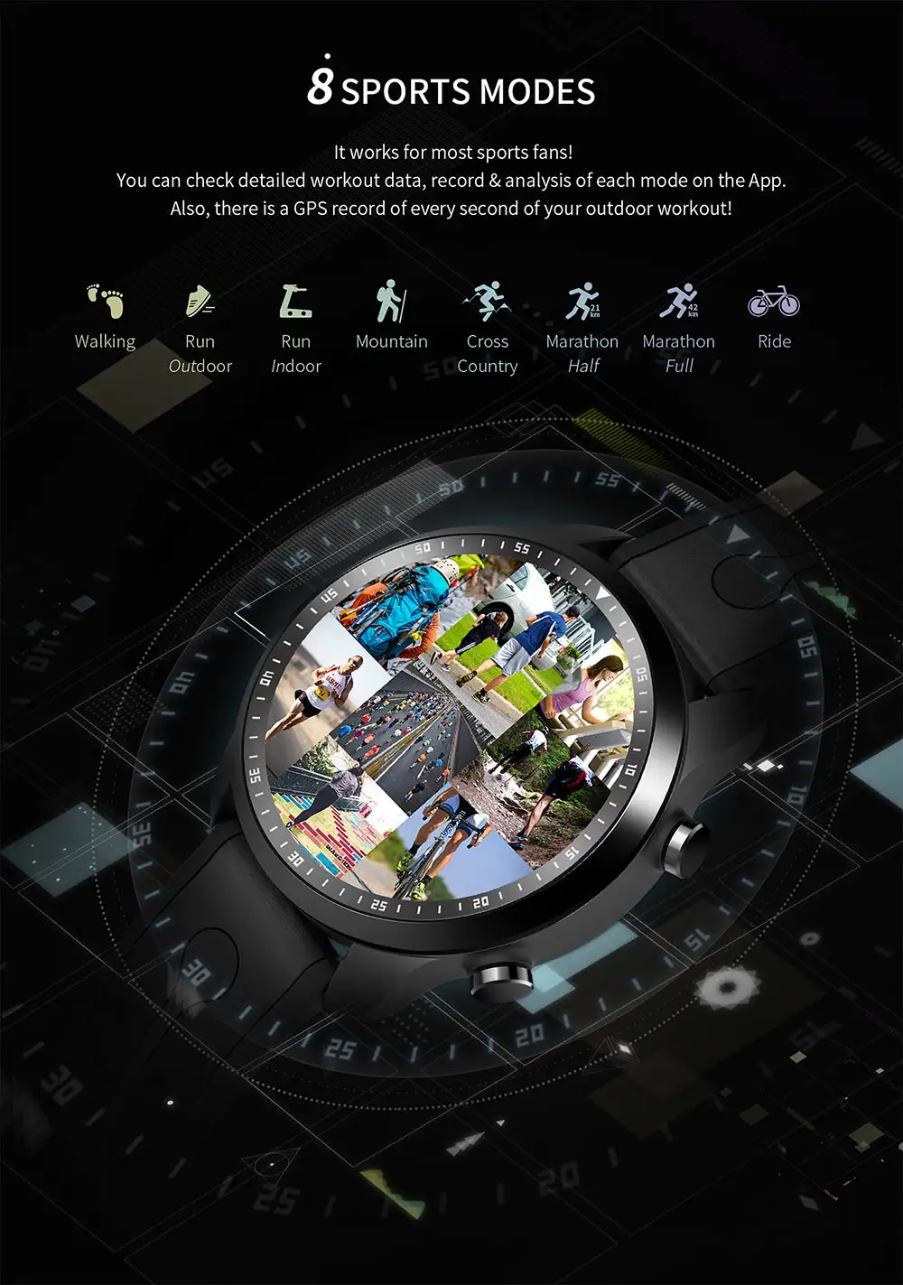 1.3 inch IPS LCD sport smart watch support GPS Waterproof