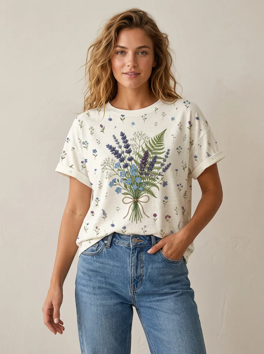 Women's Botanical Lover Lavender Fern Bouquet Printed T-shirt