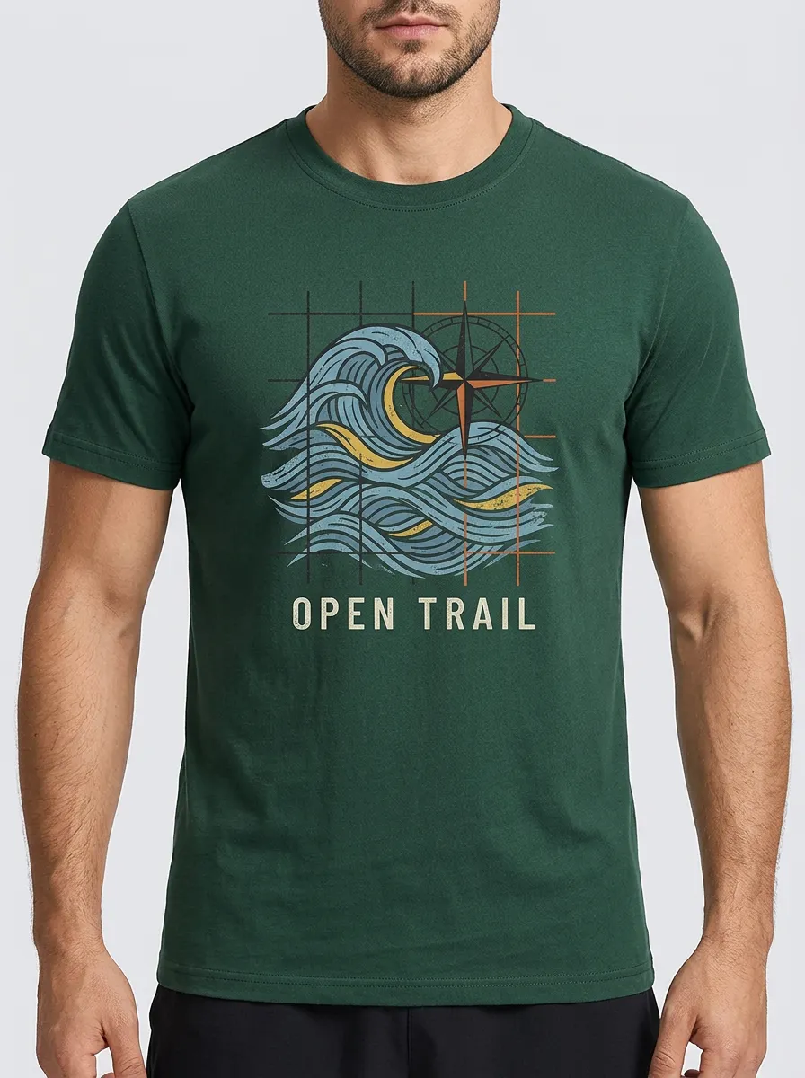 Men's Outdoor Adventure Open Trail Compass Wave Printed T-shirt
