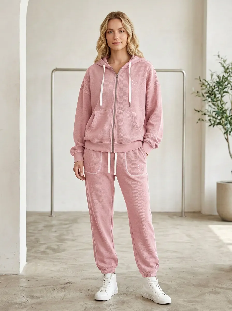 Women's Minimalist Circle Logo Waffle Knit Zip-up Hoodie Jogger Set