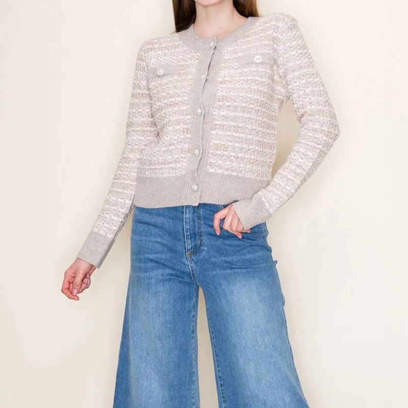 Ribbed Button Front Rhinestone Detail Pearl Detail Cardigan